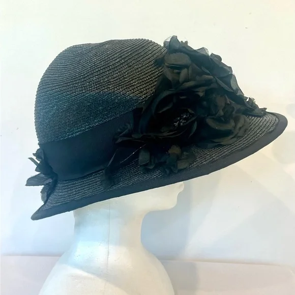 VTG Louise Green Hat, straw with silk flowers, black, 22  display picture 1